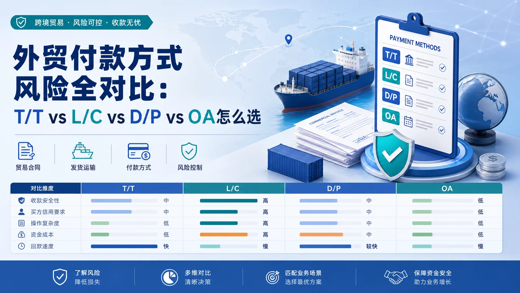 外贸付款方式风险全对比：T/T vs L/C vs D/P vs OA怎么选
