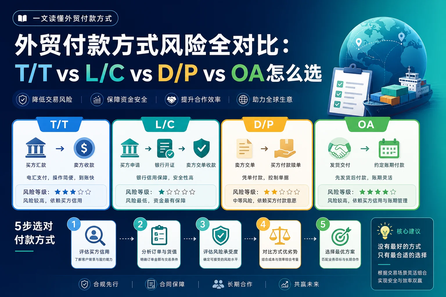 外贸付款方式风险全对比：T/T vs L/C vs D/P vs OA怎么选