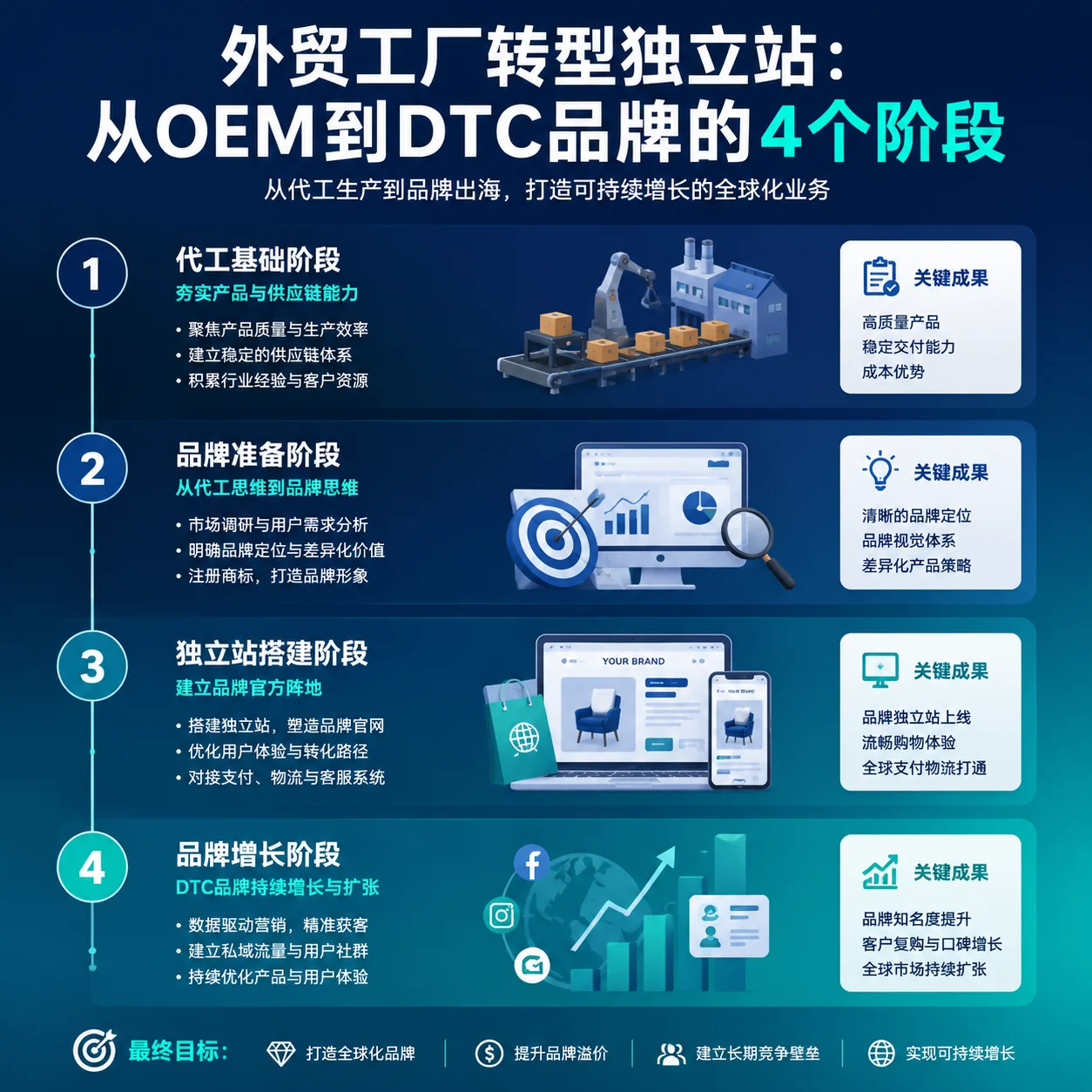 外贸工厂转型独立站:从OEM到DTC品牌的4个阶段