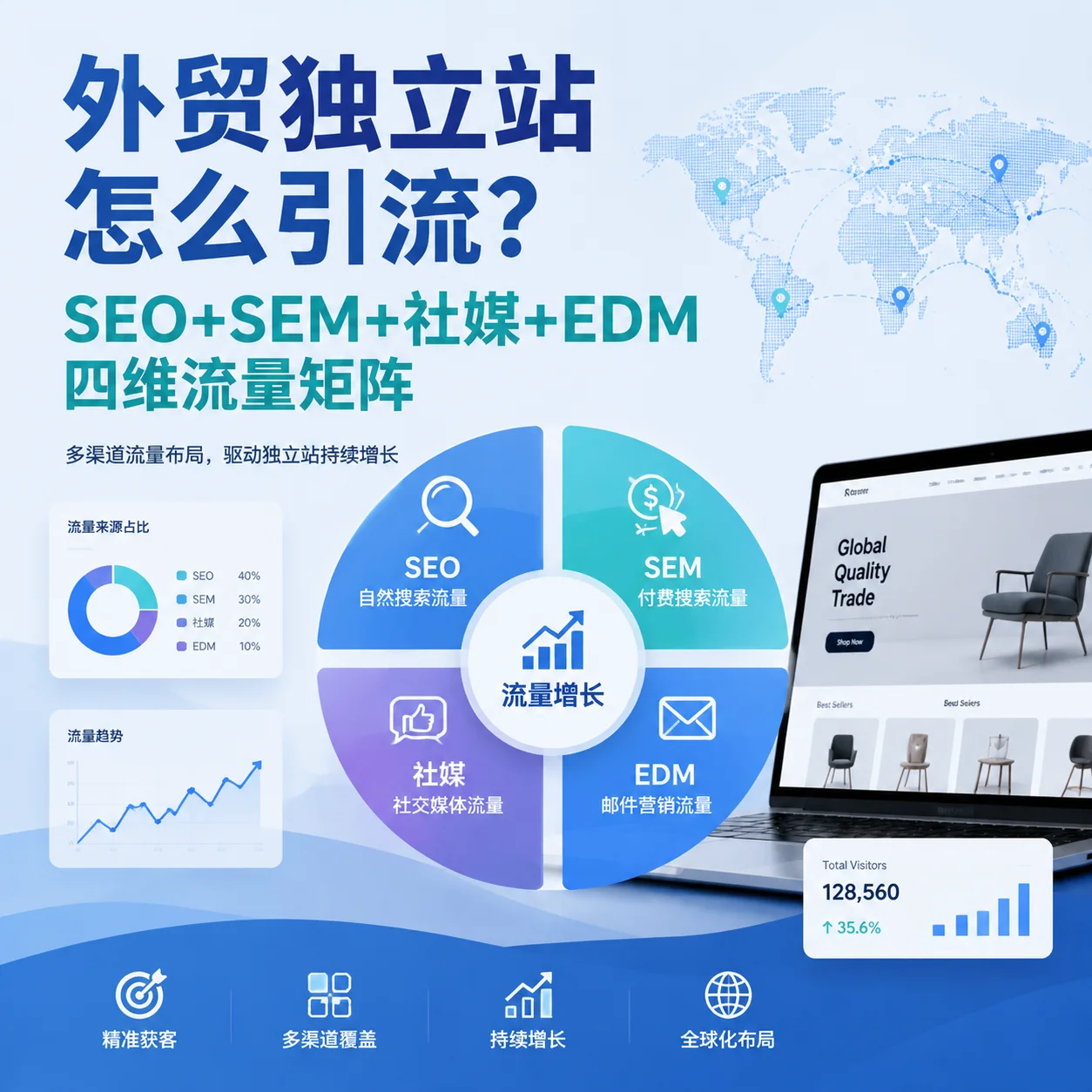 外贸独立站怎么引流？SEO+SEM+社媒+EDM四维流量矩阵