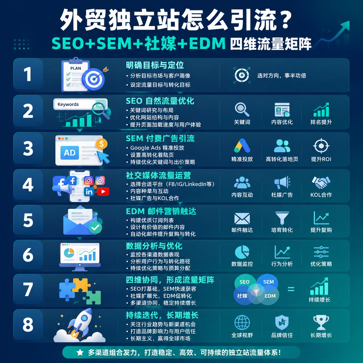 外贸独立站怎么引流?SEO+SEM+社媒+EDM四维流量矩阵