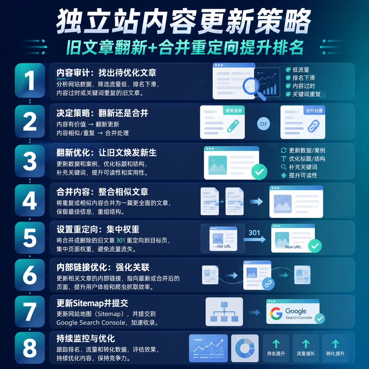 独立站内容更新策略:旧文章翻新+合并重定向提升排名