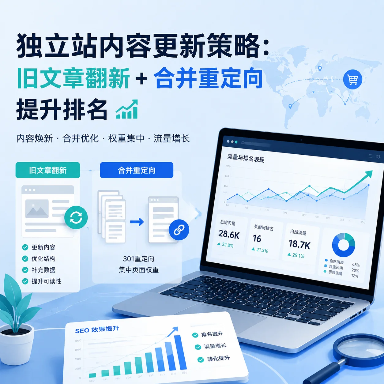 独立站内容更新策略：旧文章翻新+合并重定向提升排名